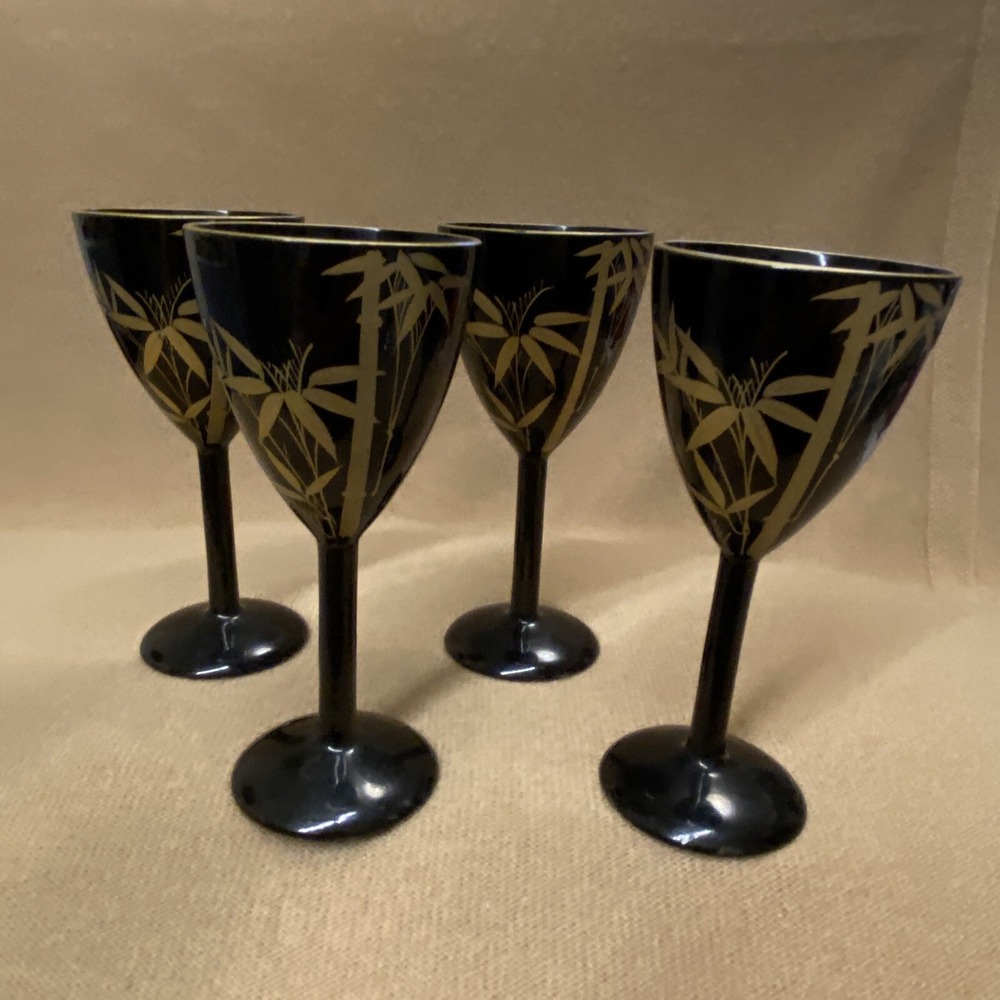 Set 4 Vtg Japan Sake Shot Bamboo Tree GoldPainted On BLACK LACQUER WOOD Stemware